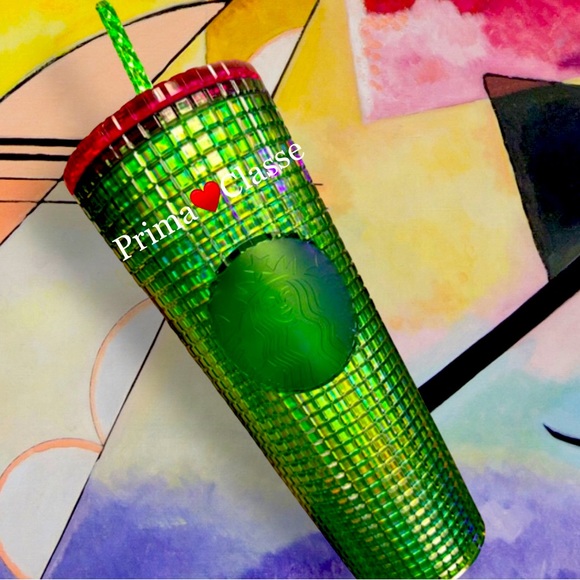 Starbucks Green & Pink Grid Cup Watermelon Iridescent Tumbler Venti 24oz New - Picture 1 of 16